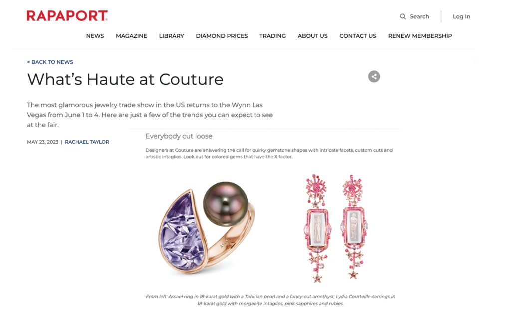 Assael ring in 18-karat gold with a Tahitian pearl and a fancy-cut amethyst rapaport article