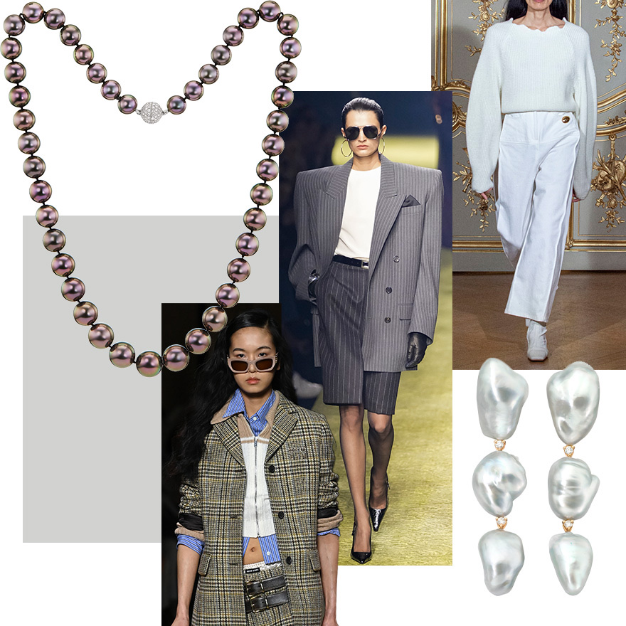 Clockwise from upper right – Bevza F/W 2023-34 (Spotlight Launchmetrics), Assael Keshi Pearl and Diamond earrings, Miu Miu F/W 2022-23 (Getty), Assael Tahitian Pearl necklace, Saint Laurent F/W 2023-24 (Getty)