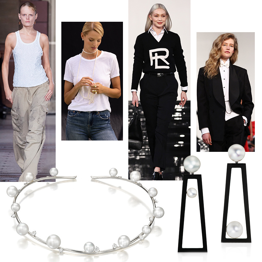Left to  right – Coperni S/S 2023 (Spotlight Launchmetrics), Elegance with Attitude image shot by David Benoliel – model wears long Akoya Pearl strand, Ralph Lauren (Getty), Ralph Lauren (Getty), bottom row – Floating Bubble necklace by Sean Gilson for Assael, South Sea and Akoya Pearl Frame earrings