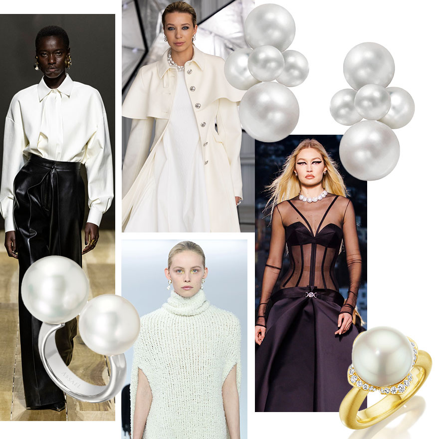 Alexander McQueen F/W 2023-24 (Getty), Adeam Cape Coat with Assael Baroque Pearls and Sean Gilson for Assael Large Bubble earrings (courtesy of Marissa Collections), Large Bubble earrings by Sean Gilson for Assael, Versace F/W 2023-24 (Launchmetrics Spotlight), Assael Blossom South Sea Pearl and Diamond ring, Chloé F/W 2023-24, Extra Large 2-Bubble ring by Sean Gilson for Assael  