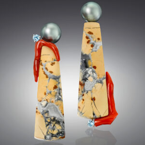 Tahitian pearl, maligano jasper, coral and aquamarine earrings