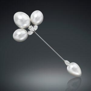 Assael Jabot Pin featuring 4 magnificent South Sea Cultured Pearl Drops