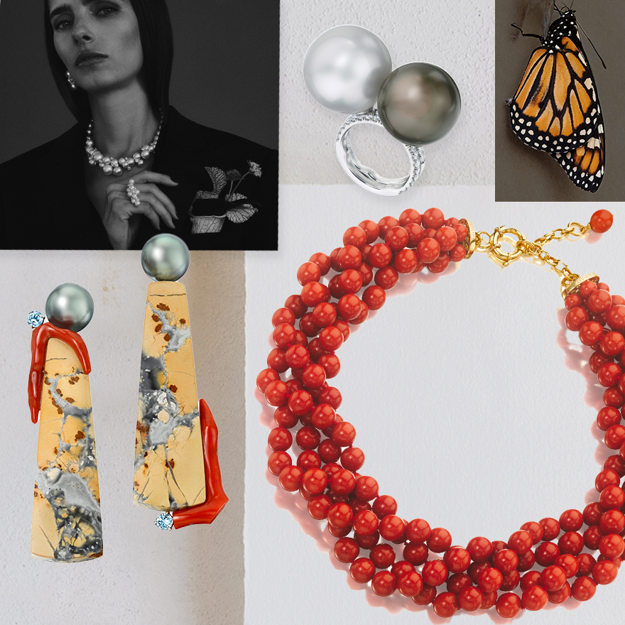 Photo by Alain Simic, model wears Bubble necklace, earrings, and ring by Sean Gilson for Assael, two stackable rings featuring one large Gem South Sea pearl and one large Gem Tahitian pearl, Assael Responsibly Sourced Sardinian Coral Twist necklace, Assael NatureScapes earrings with Tahitian Pearls, Maligano Jasper, Sardinian Coral, and Aquarmaring