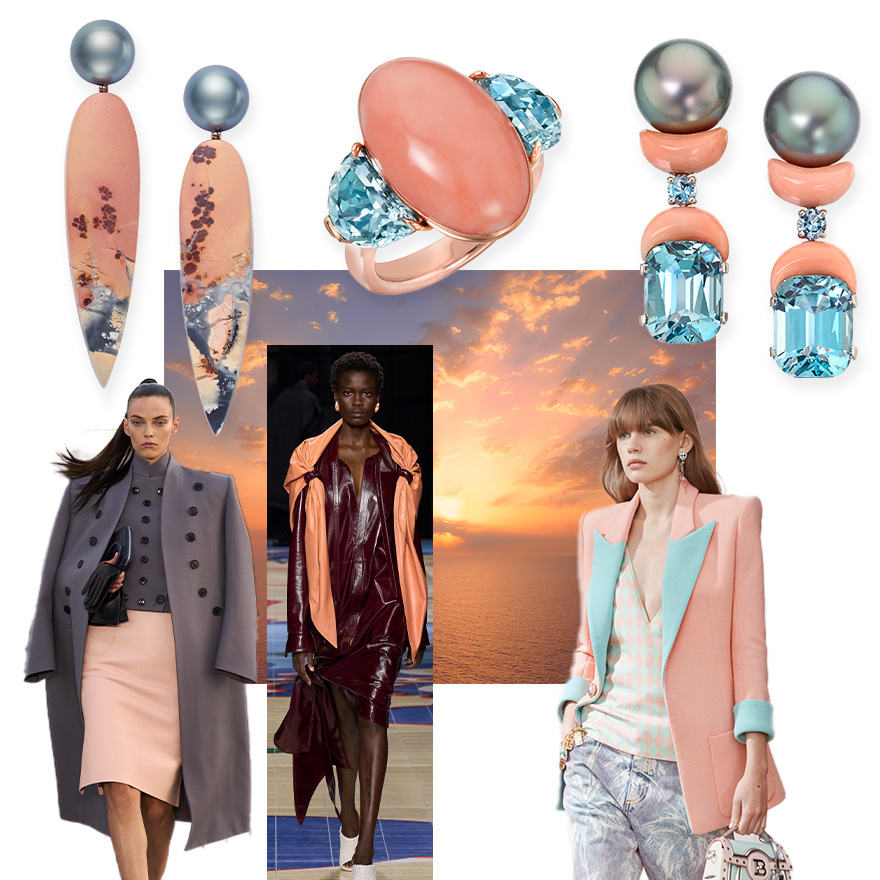 Clockwise from upper left – Assael Tahitian Pearl and Maligano Jasper earrings, Assael Angel Skin Coral and Aquamarine ring, Assael Tahitian Pearl, Angel Skin Coral, and Aquamarine earrings, Balmain Pre-Fall 2024, Bottega Veneta S/S 2024, Alaïa S/S 2024 (all fashion images from Spotlight Launchmetrics) 