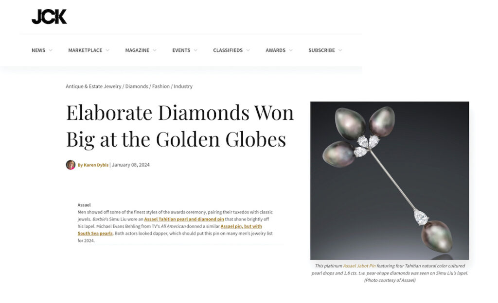 Assael Jabot Pin featuring four Tahitian natural color cultured pearls featured in JCK magazine.