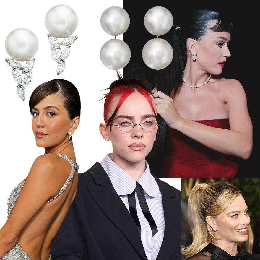 Clockwise from upper left – Assael La Feuille South Sea pearl and diamond earrings, Assael Minimalist South Sea pearl drop earrings, Katy Perry in Assael Akoya pearl strand and Assael Minimalist South Sea pearl drop earrings at the Billboard Women in Music event just before the Oscars, Margot Robbie in Assael South Sea pearl earrings at the Gotham Awards in New York City, Billie Eilish at the Golden Globes in Assael Akoya pearl stud earrings, Erin Lim Rhodes at the Emmys in Assael La Feuille South Sea pearl and diamond earrings