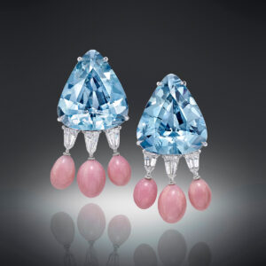 6 ultra-rare Natural Conch Pearls, 2 Vintage-Cut Aquamarine Trillions, and 6 Bullet Shaped Diamonds