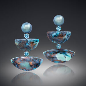 Tahitian pearl, opalized fossil wood & aquamarine earrings